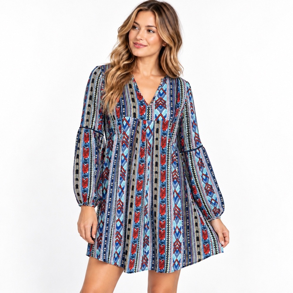 Rock & Roll Cowgirl Southwestern Print Dress Tunic XL Boho V Neck